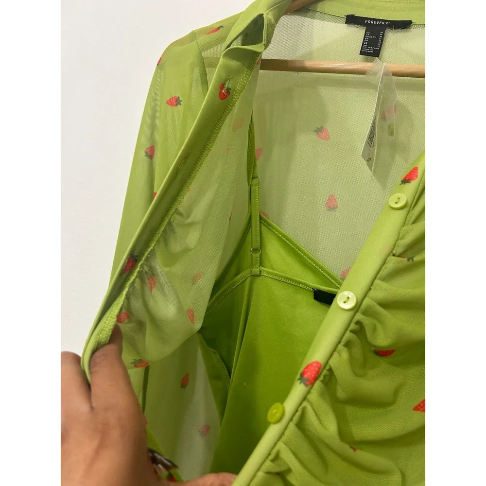 Forever 21 Strawberry Print Ruched Mesh Mini Dress Green Long Sleeve Medium NWT